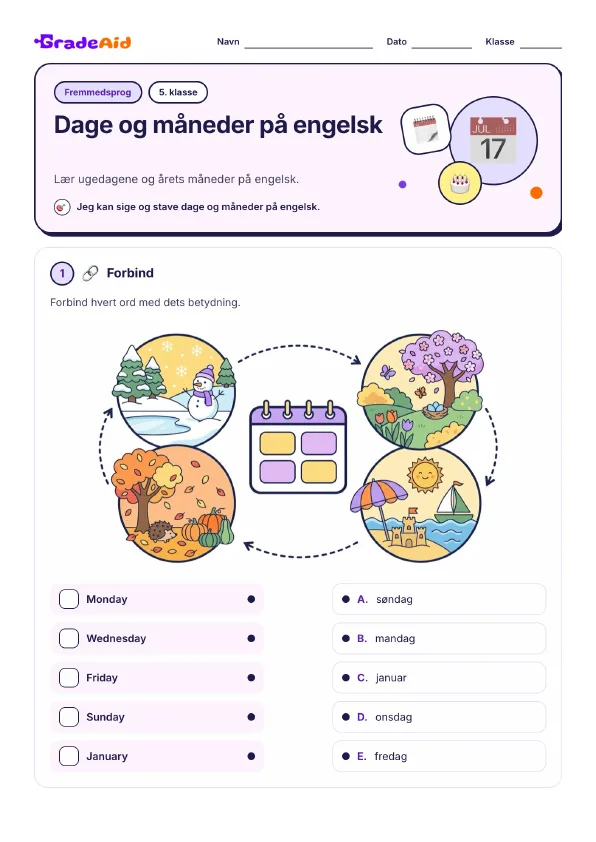 Side 1 af Dage og måneder på engelsk