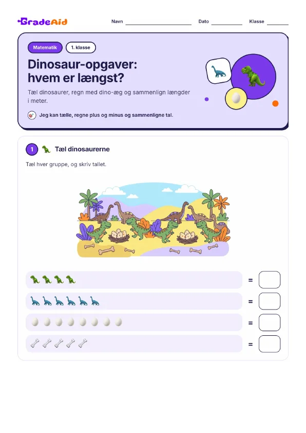 Side 1 af Dinosaur-opgaver: hvem er længst?