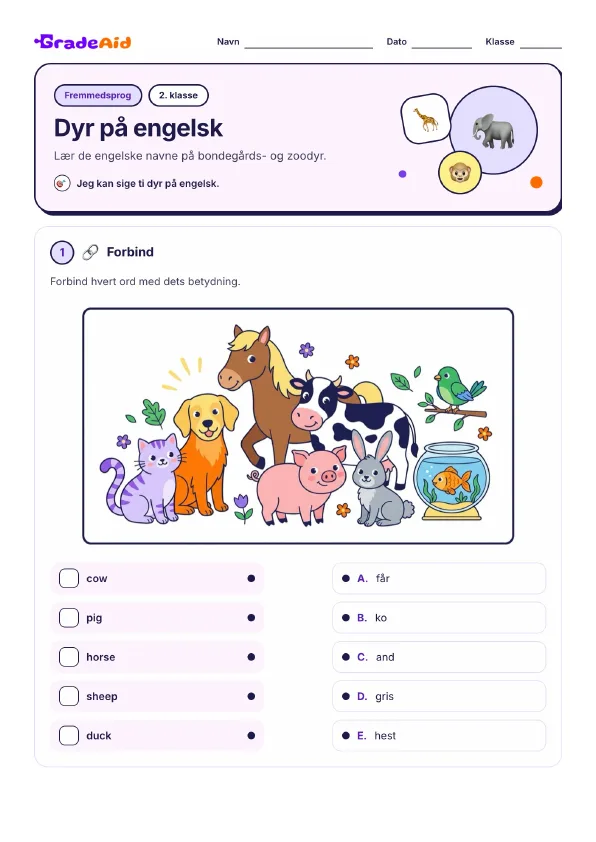 Side 1 af Dyr på engelsk