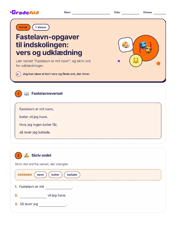 Side 1 af Fastelavn-opgaver til indskolingen: vers og udklædning