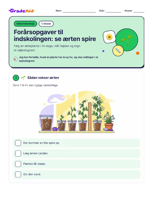 Side 1 af Forårsopgaver til indskolingen: se ærten spire
