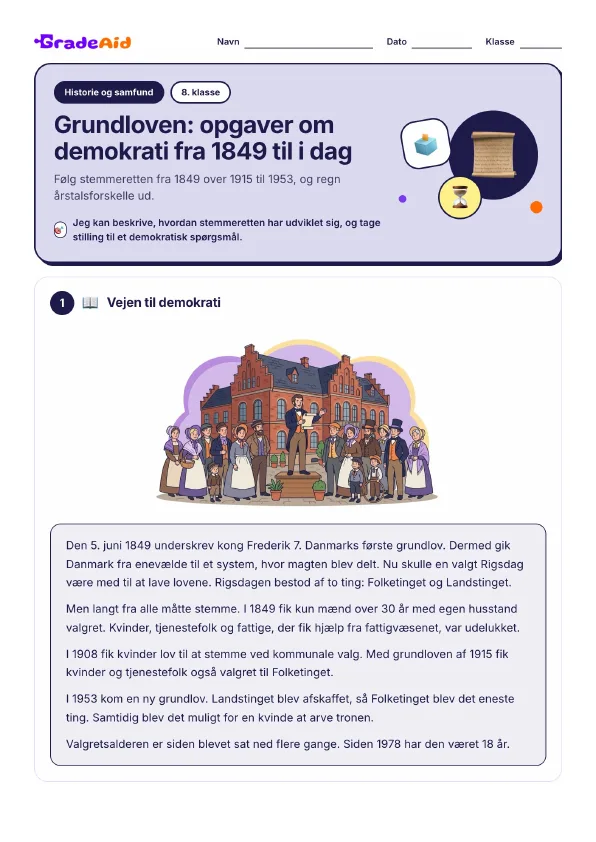 Side 1 af Grundloven: opgaver om demokrati fra 1849 til i dag