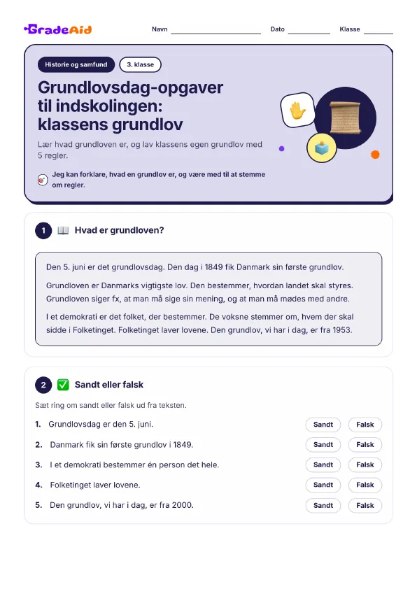Side 1 af Grundlovsdag-opgaver til indskolingen: klassens grundlov