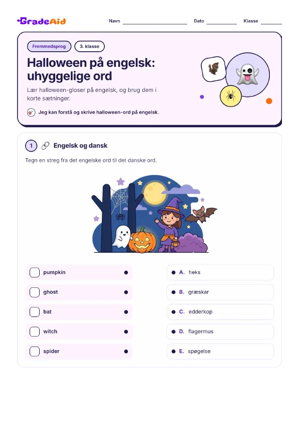 Side 1 af Halloween på engelsk: uhyggelige ord