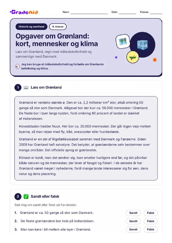 Side 1 af Opgaver om Grønland: kort, mennesker og klima
