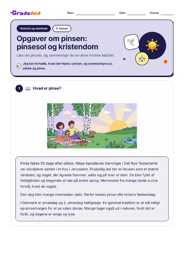 Side 1 af Opgaver om pinsen: pinsesol og kristendom