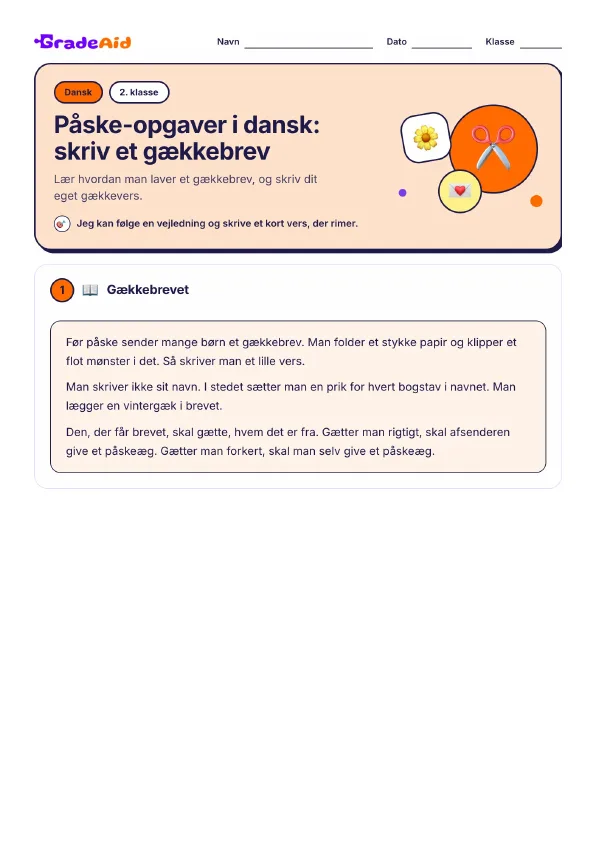 Side 1 af Påske-opgaver i dansk: skriv et gækkebrev