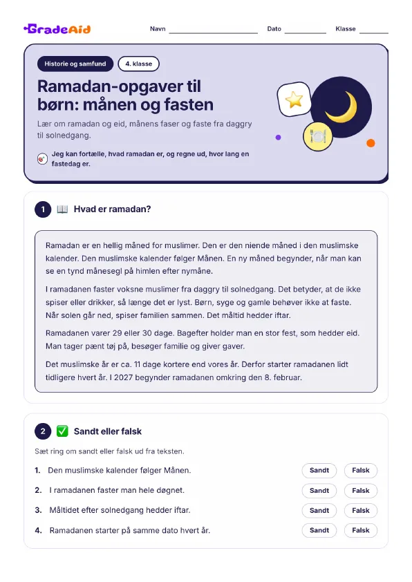 Side 1 af Ramadan-opgaver til børn: månen og fasten