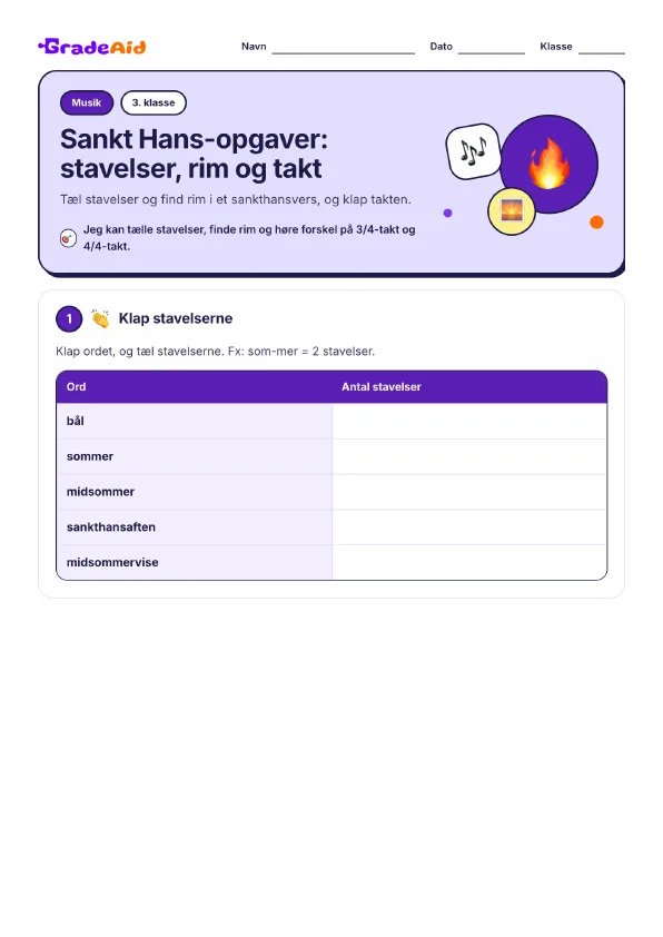 Side 1 af Sankt Hans-opgaver: stavelser, rim og takt