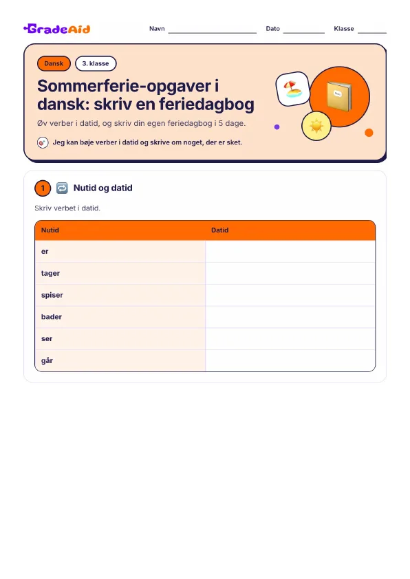 Side 1 af Sommerferie-opgaver i dansk: skriv en feriedagbog