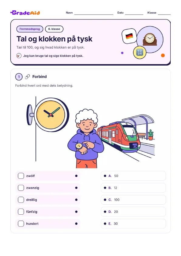 Side 1 af Tal og klokken på tysk