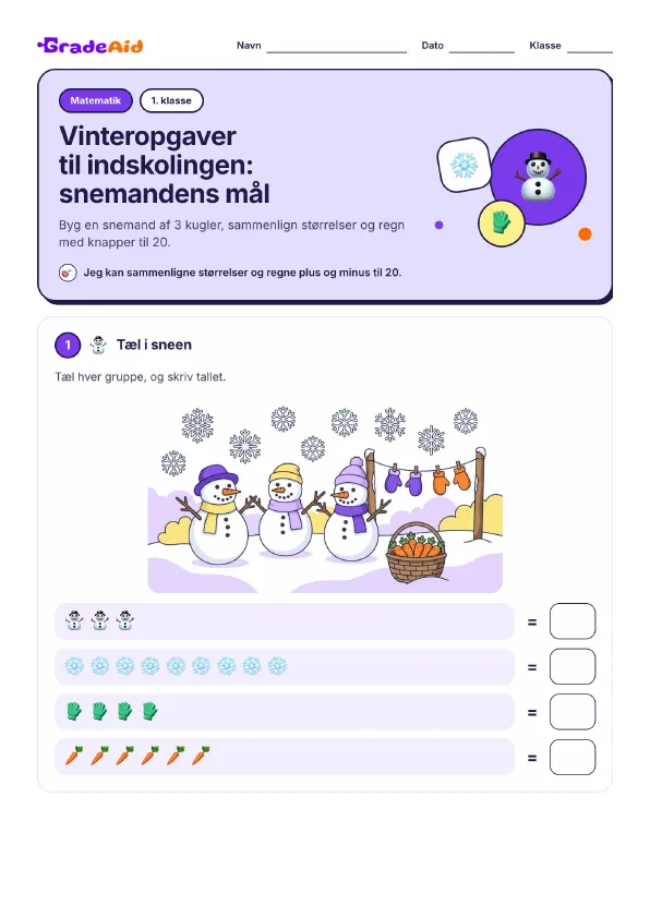 Side 1 af Vinteropgaver til indskolingen: snemandens mål