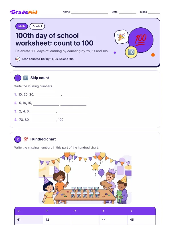 Page 1 of 100th day of school worksheet: count to 100