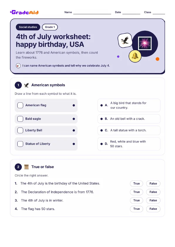 Page 1 of 4th of July worksheet: happy birthday, USA