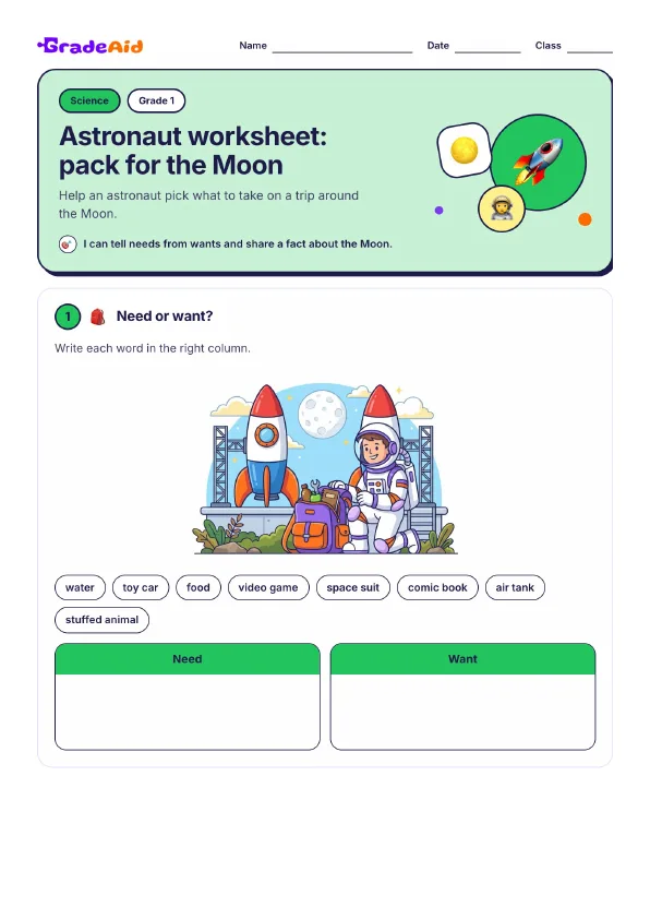 Page 1 of Astronaut worksheet: pack for the Moon