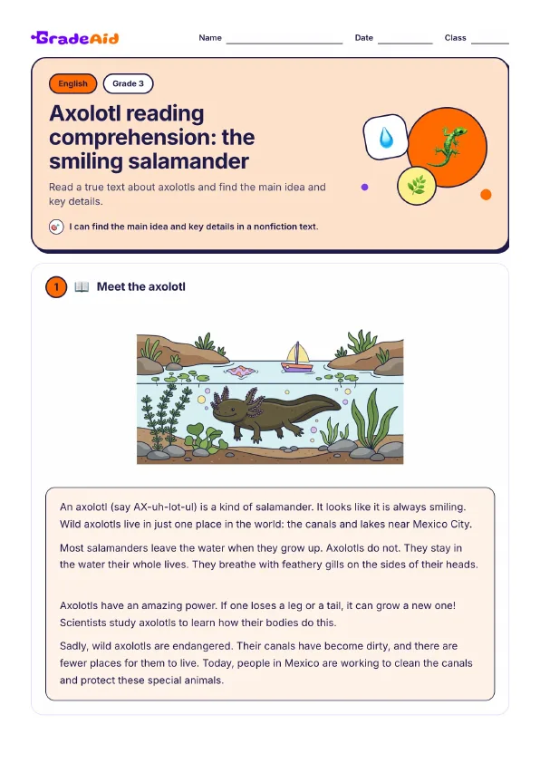 Page 1 of Axolotl reading comprehension: the smiling salamander