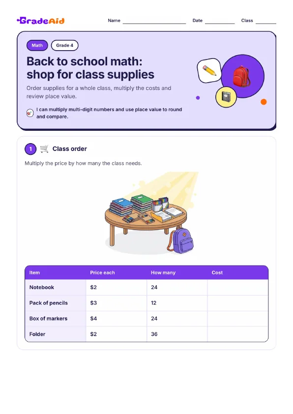 Page 1 of Back to school math: shop for class supplies