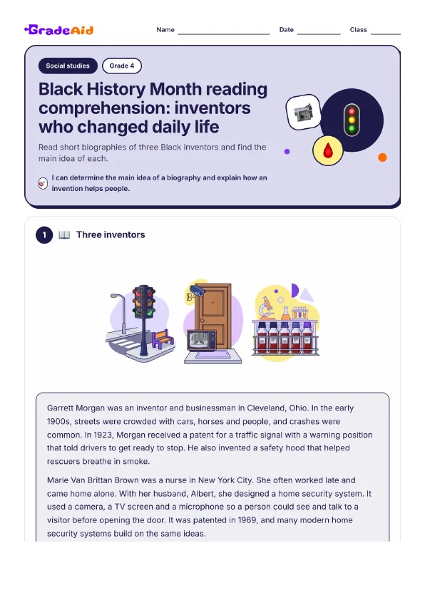 Page 1 of Black History Month reading comprehension: inventors who changed daily life