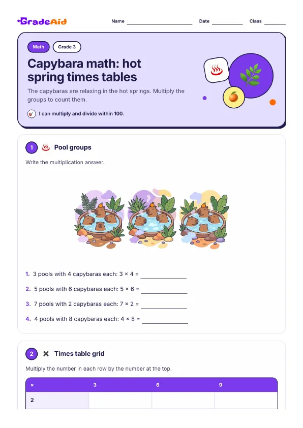 Page 1 of Capybara math: hot spring times tables