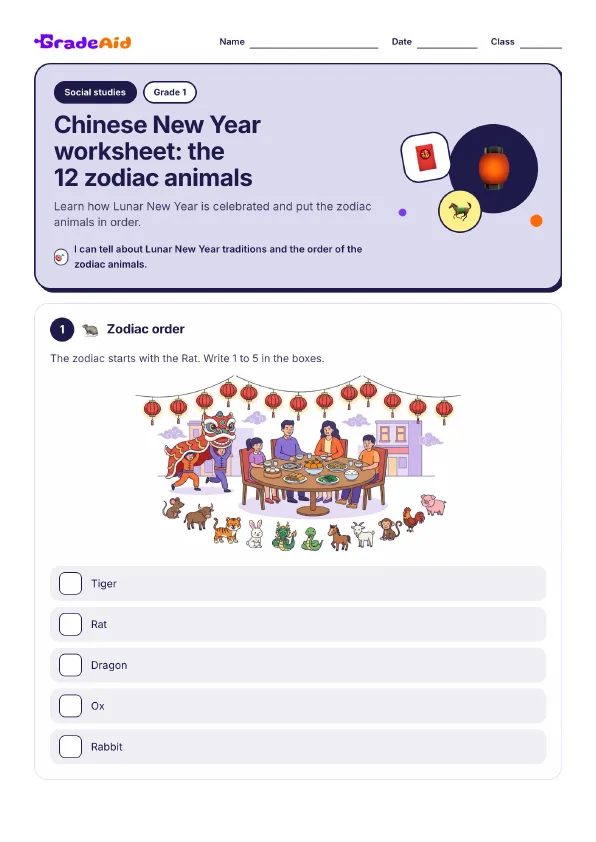 Page 1 of Chinese New Year worksheet: the 12 zodiac animals