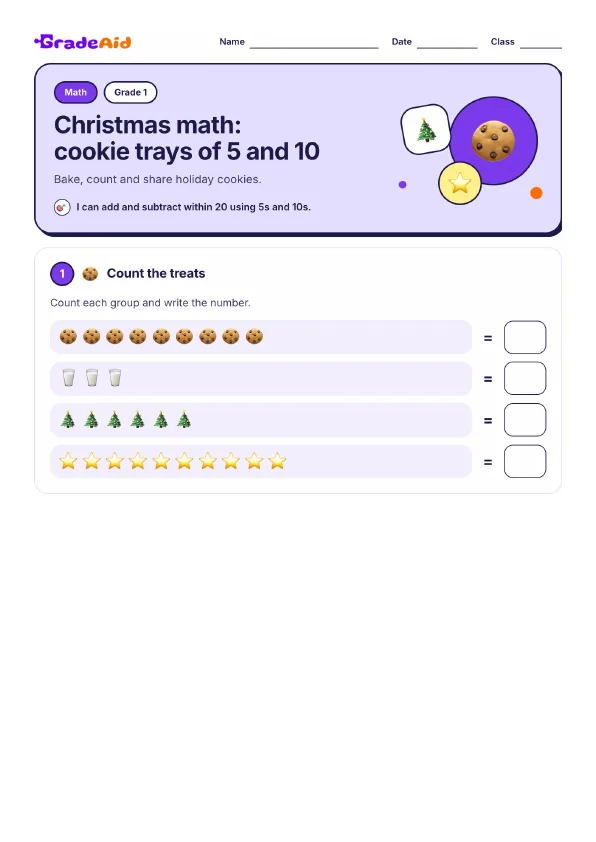 Page 1 of Christmas math: cookie trays of 5 and 10