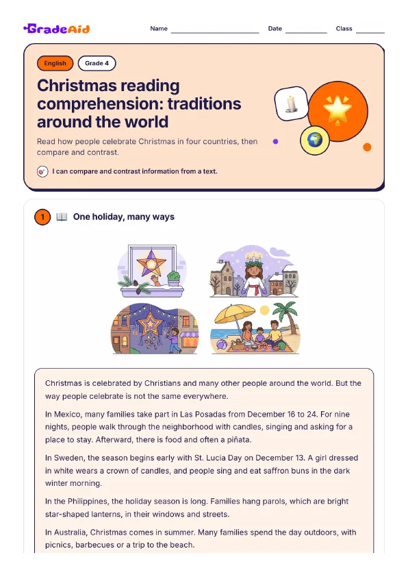 Page 1 of Christmas reading comprehension: traditions around the world