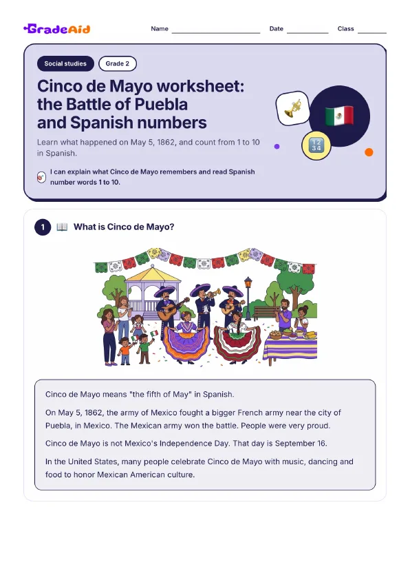 Page 1 of Cinco de Mayo worksheet: the Battle of Puebla and Spanish numbers