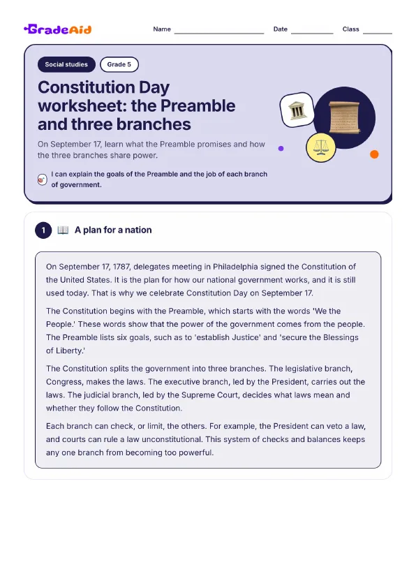 Page 1 of Constitution Day worksheet: the Preamble and three branches