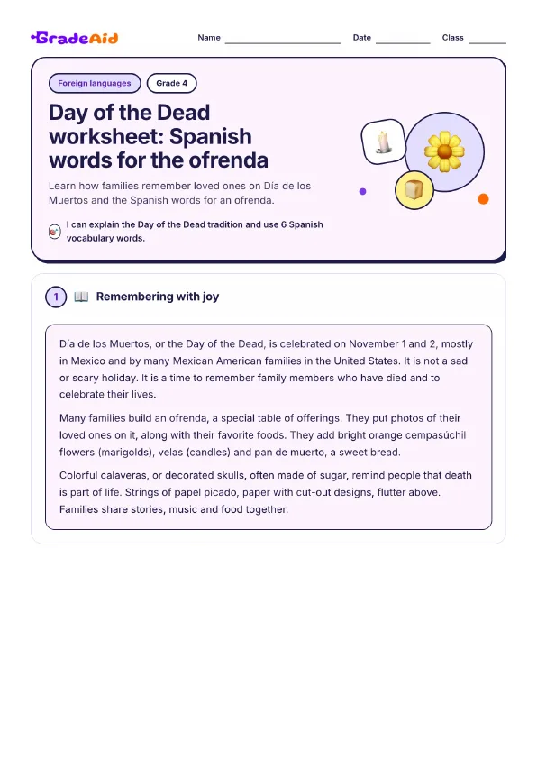 Page 1 of Day of the Dead worksheet: Spanish words for the ofrenda