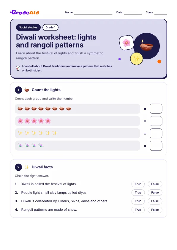 Page 1 of Diwali worksheet: lights and rangoli patterns