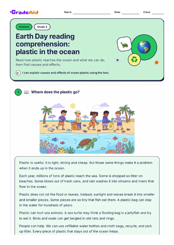 Page 1 of Earth Day reading comprehension: plastic in the ocean
