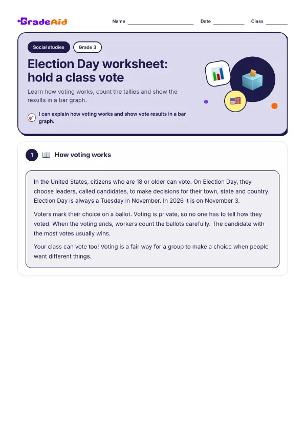 Page 1 of Election Day worksheet: hold a class vote