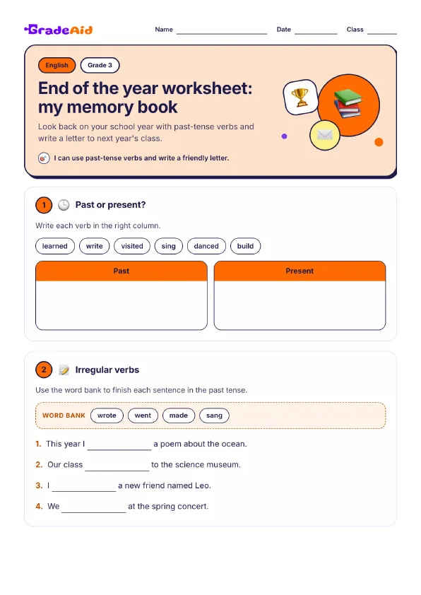 Page 1 of End of the year worksheet: my memory book