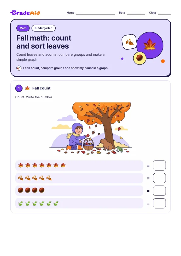 Page 1 of Fall math: count and sort leaves