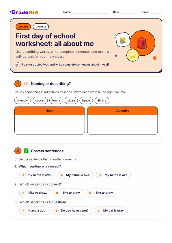 Page 1 of First day of school worksheet: all about me