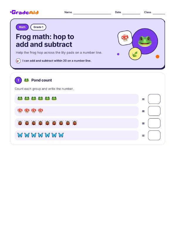 Page 1 of Frog math: hop to add and subtract