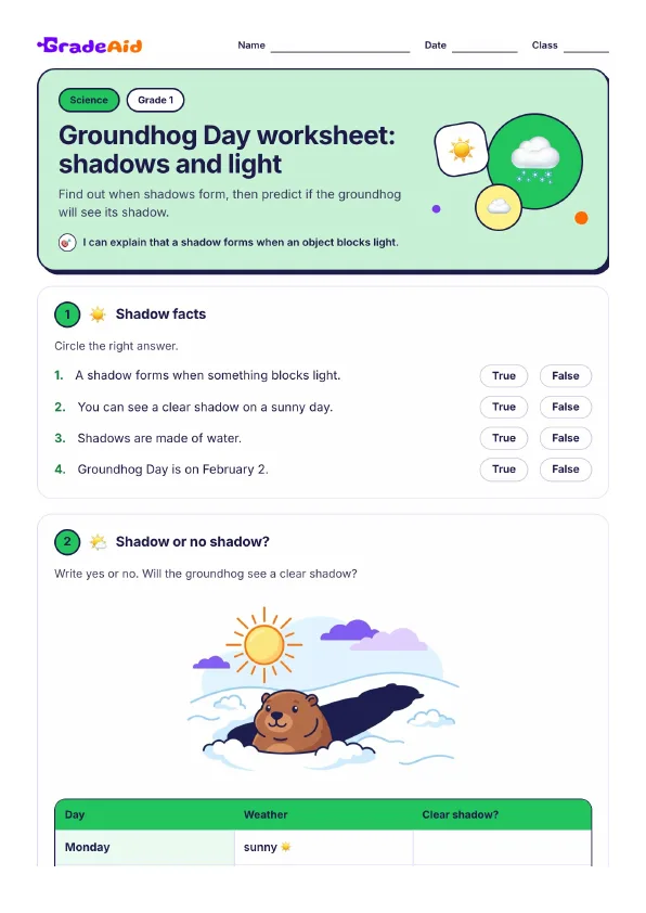 Page 1 of Groundhog Day worksheet: shadows and light