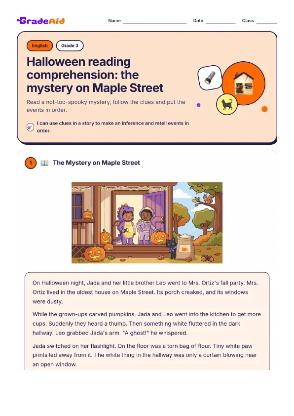 Page 1 of Halloween reading comprehension: the mystery on Maple Street