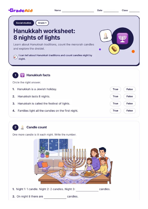 Page 1 of Hanukkah worksheet: 8 nights of lights