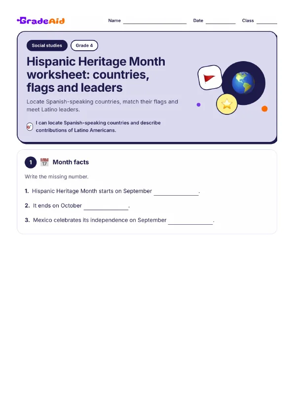 Page 1 of Hispanic Heritage Month worksheet: countries, flags and leaders