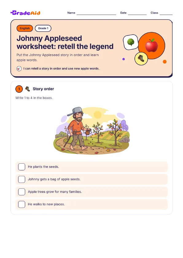 Page 1 of Johnny Appleseed worksheet: retell the legend