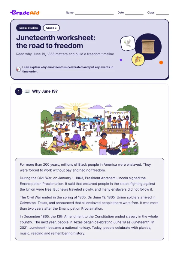 Page 1 of Juneteenth worksheet: the road to freedom