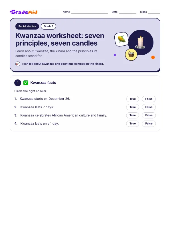 Page 1 of Kwanzaa worksheet: seven principles, seven candles