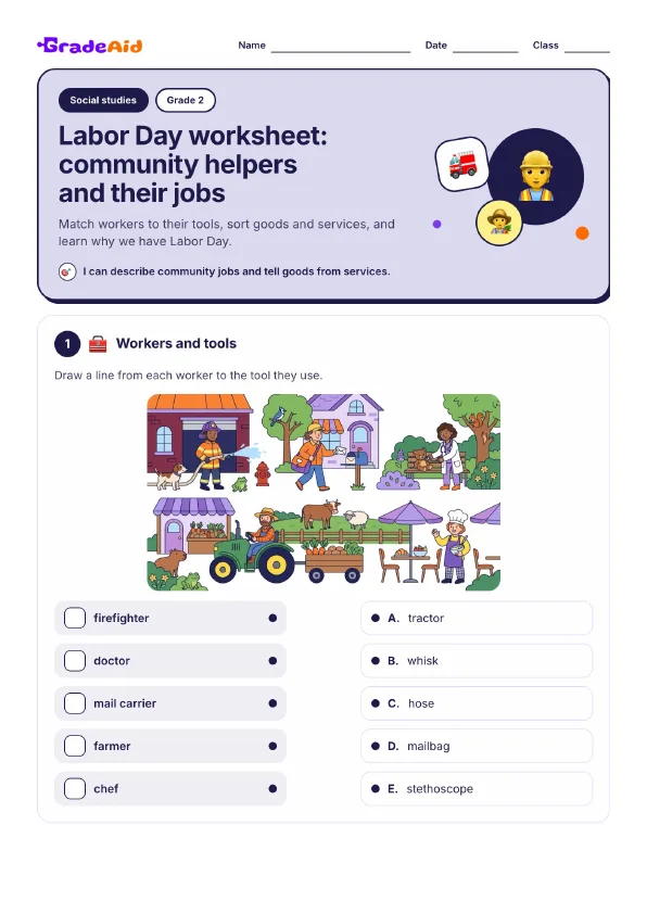 Page 1 of Labor Day worksheet: community helpers and their jobs