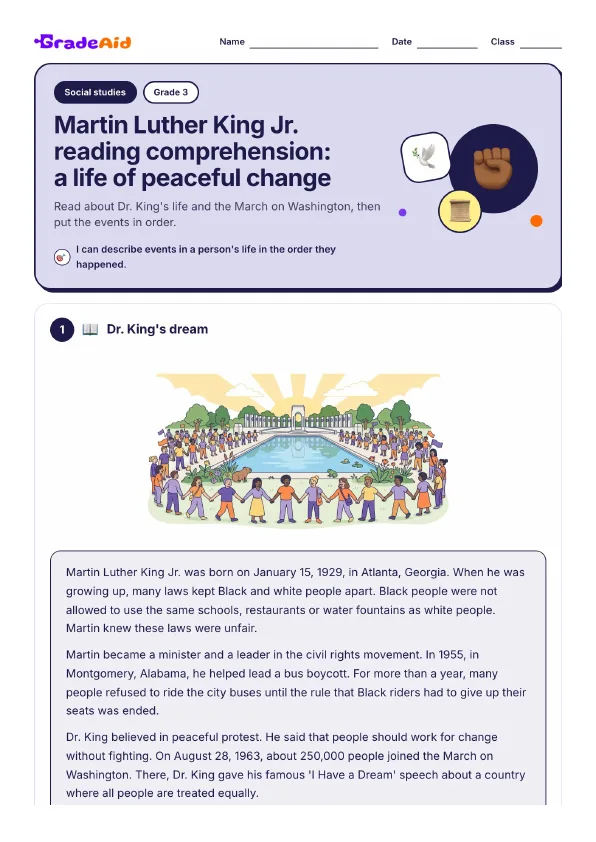 Page 1 of Martin Luther King Jr. reading comprehension: a life of peaceful change