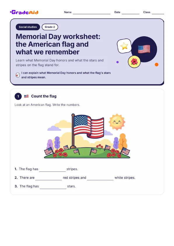 Page 1 of Memorial Day worksheet: the American flag and what we remember