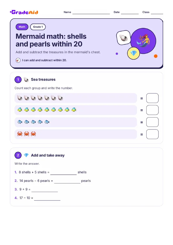 Page 1 of Mermaid math: shells and pearls within 20
