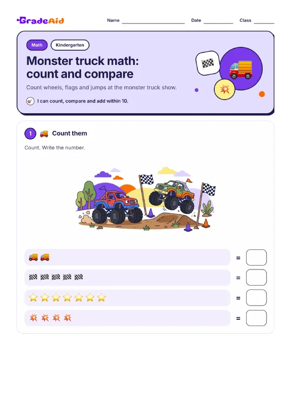 Page 1 of Monster truck math: count and compare