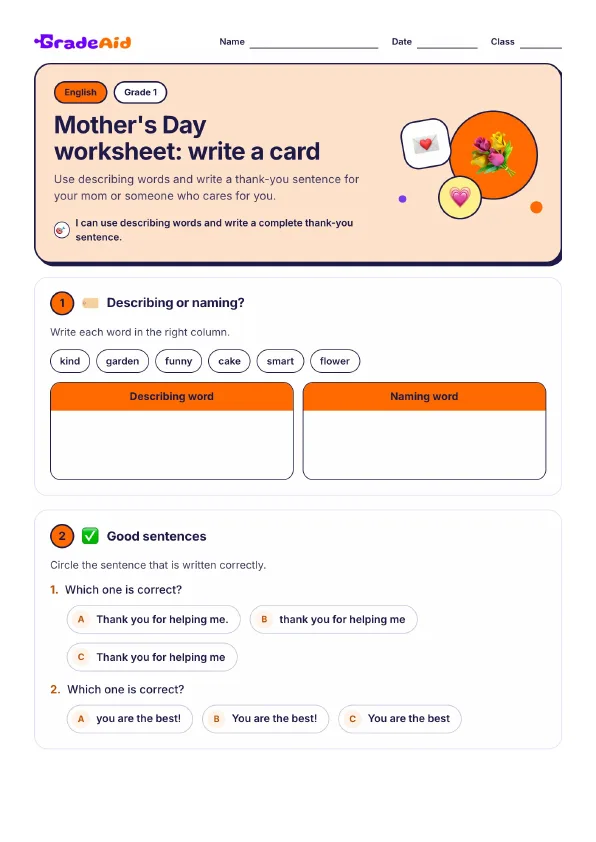 Page 1 of Mother's Day worksheet: write a card