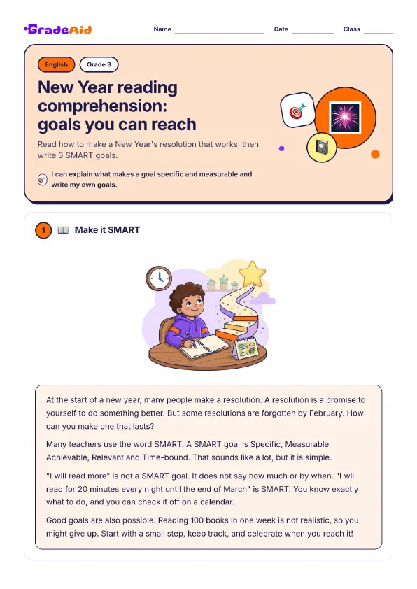 Page 1 of New Year reading comprehension: goals you can reach